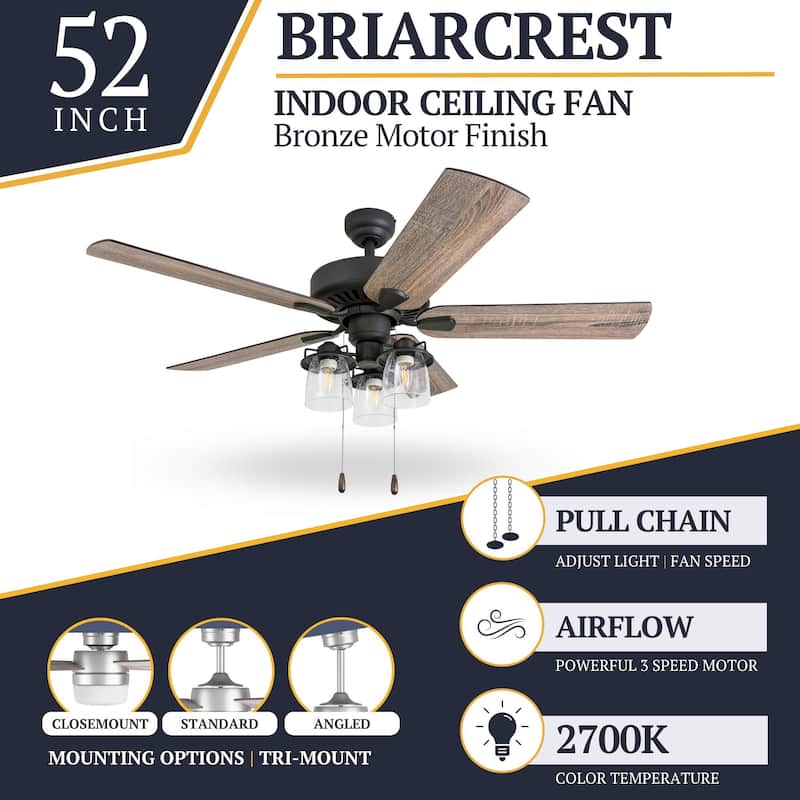 52" Prominence Home Briarcrest Bronze Farmhouse LED Ceiling Fan with Light, Pull Chain