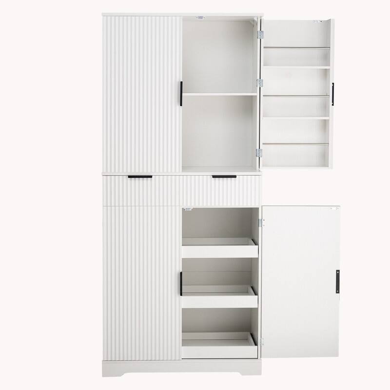 72" Fluted Kitchen Pantry Cabinet, Freestanding Cupboard Storage Cabinet with Drawers and Adjustable Shelves
