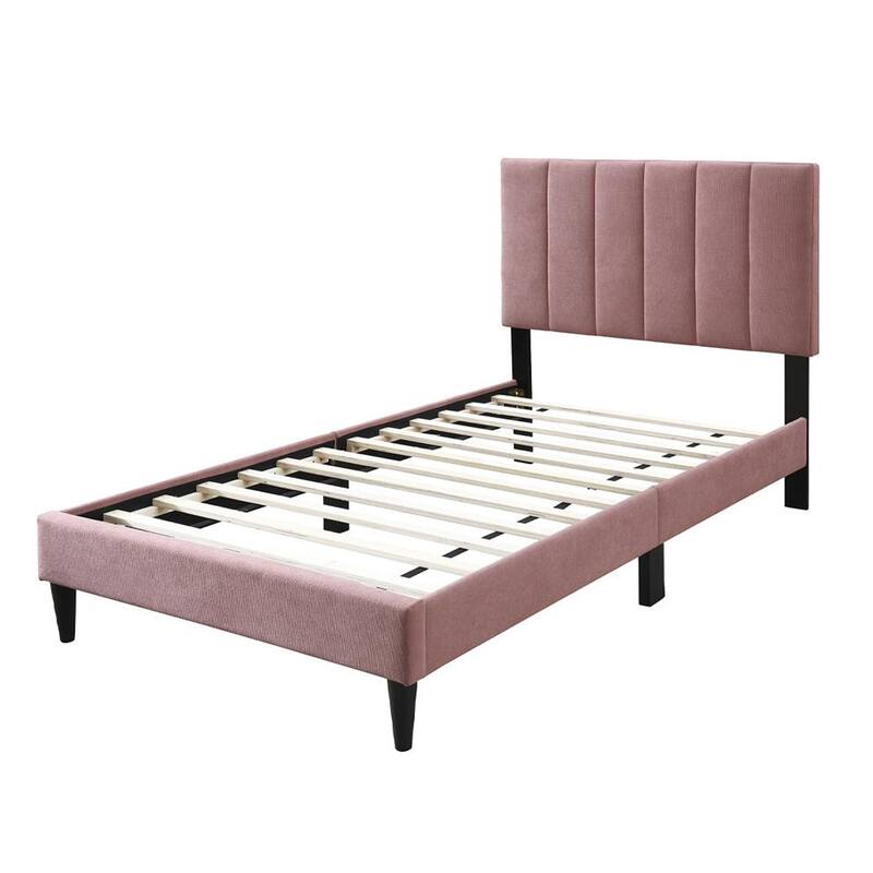 Lilian Full Size Bed, Blush Pink Linen Upholstery, Channel Tufted