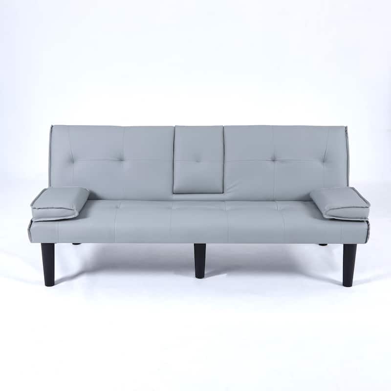 Convertible Loveseat Couch Adjustable Faux Leather Sleeper Sofa Bed with Coffee Table, Cup Holders and Removable Pillow Armrests