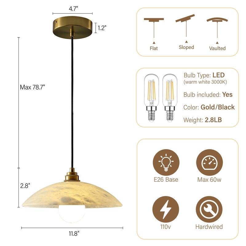 KAYLA Nordic Pendant Light Fixture - Round Alabaster Hanging Lamp with Brushed Brass Finish for Kitchen Island, Dining Room