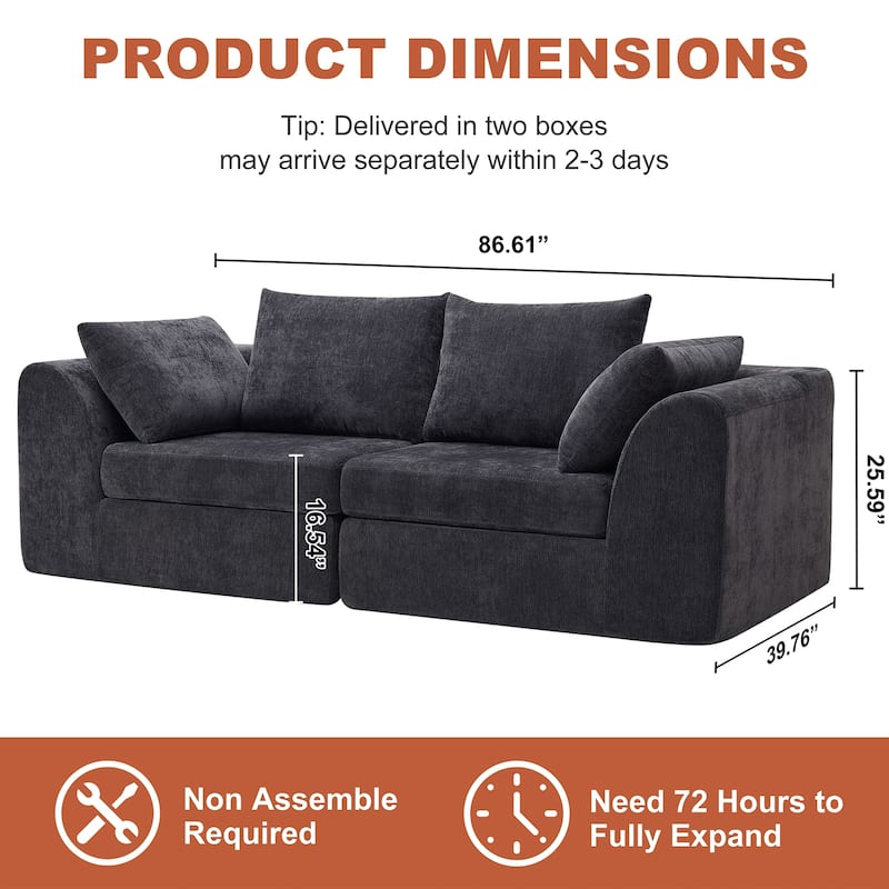 86.6 inch 2 Seater Sofa Cloud Couch Two Layers Deep Seat Chenille Boneless Couch with Armrest Pillow Couches