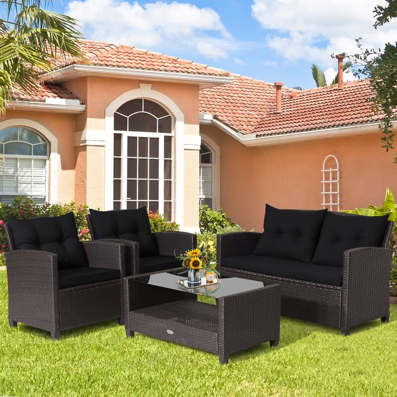 Costway 8 PCS Patio Rattan Furniture Set Glass Table Shelf Sofa - See Details