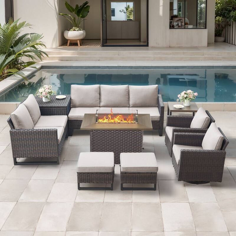 Gymojoy 9 Piece All-Weather Wicker Outdoor Patio Family Conversation Set Group With Fire Pit Table - Brown Wicker / Beige Cusion - 9-Piece