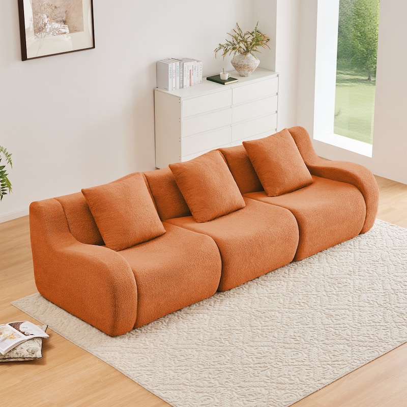 Modern 3-Seater Boneless Sofa, 115.3" Teddy Fabric Couch with Curved Armrests, Anti-Slip Base, No Assembly for Living Room