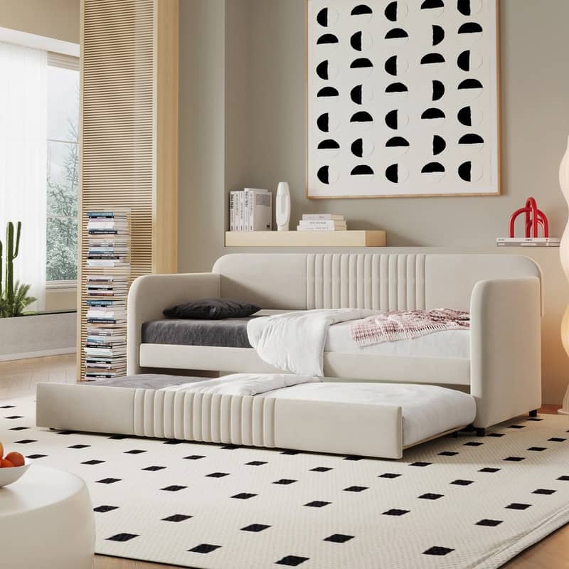 Twin Size Upholstered Daybed Sofa Bed With Trundle Bed and Wood Slat - Beige