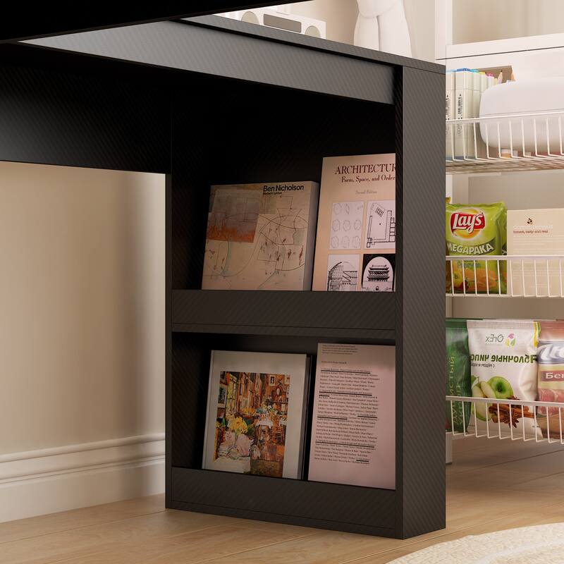 Roomfitters Modern L Shaped Computer Desk with Charger, Corner Desk with Drawers & Bookshelf, Hutch Pegboard Workstation, Black