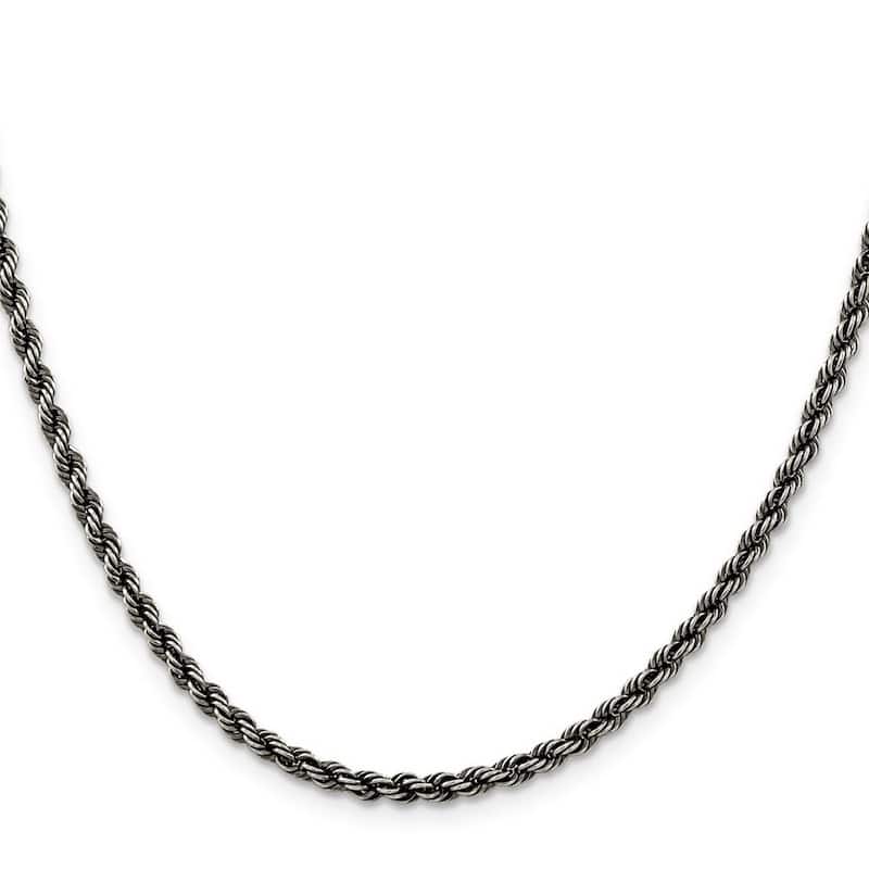 Curata 925 Sterling Silver Twisted Ruthenium plating Fancy Lobster Closure Ruthenium 3mm Rope Chain Necklace