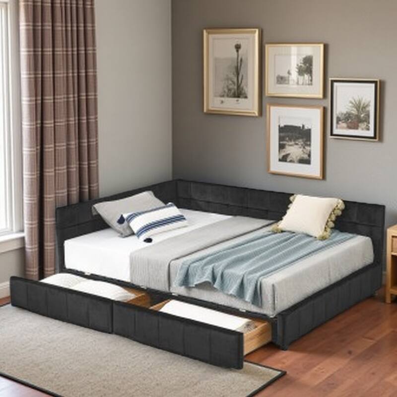 Full Size Mid-Century Velvet Upholstered Daybed with Storage Drawers, Wood Frame, Comfortable Backrest and Armrest - Black
