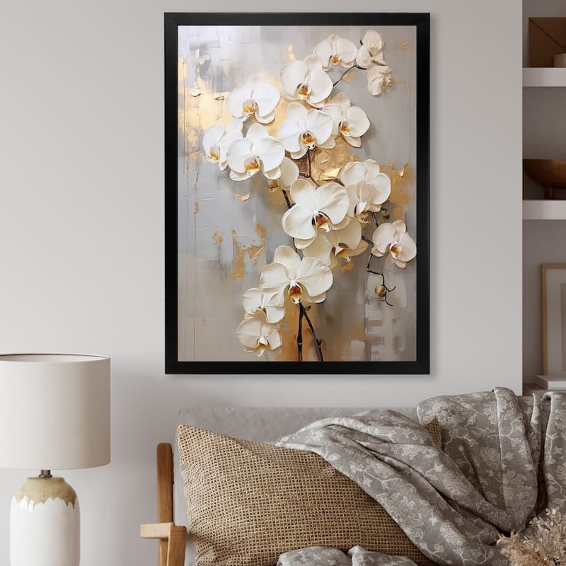 Designart "Minimalism Beige And Gold Orchids IV" Orchids Framed Canvas Art Print - 30 in. wide x 40 in. high - Black
