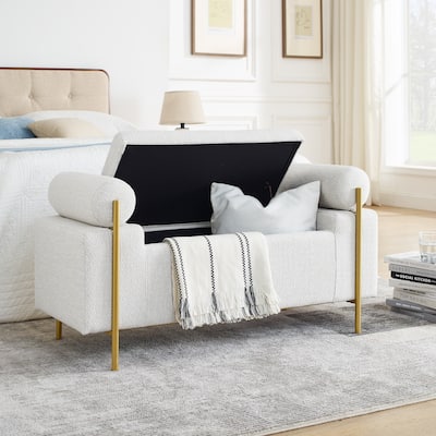Upholstered Storage Bench with Cylindrical Arms and Iron Legs