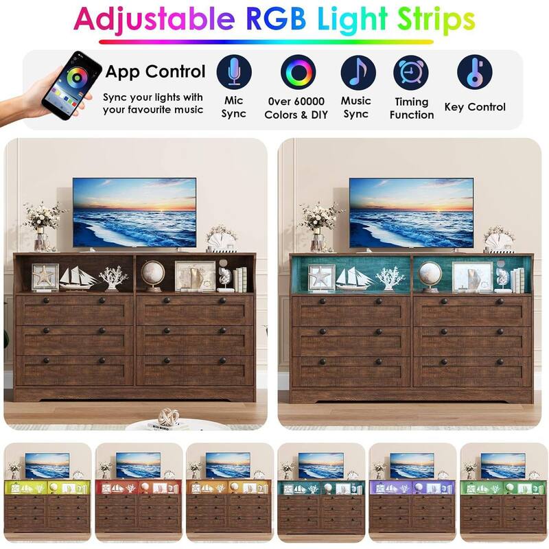 Modern 6 Drawer Dresser for Bedroom with Power Outlet and LED Light