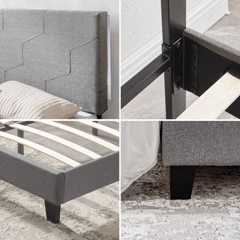 Grey Queen Size Upholstered Platform Bed with Slat Support