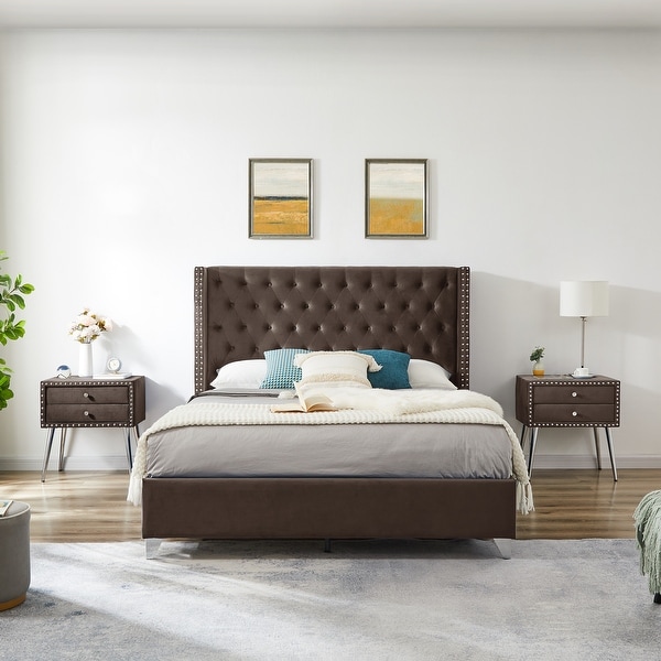 Queen Velvet Bed with Pair of Nightstands - Elegant Queen Velvet Bed with Pair of Nightstands - Elegant