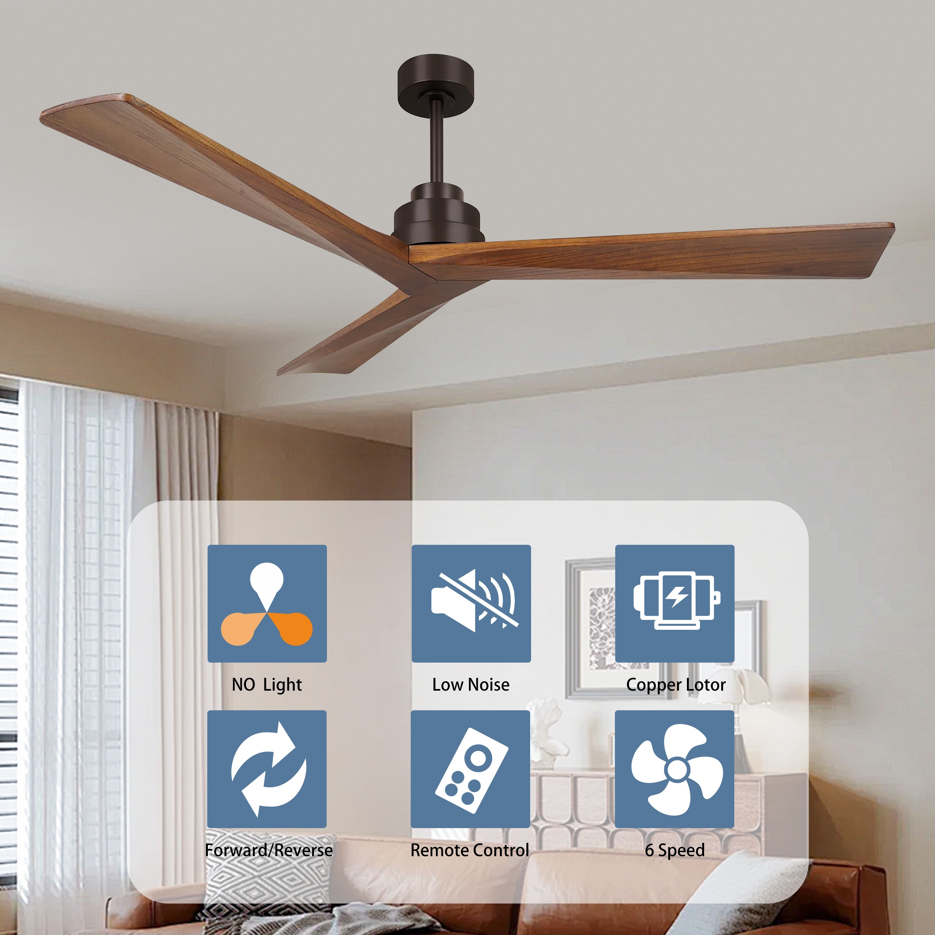 52 inch Wood Ceiling Fan No Light 3 Reversible Blades 6 Speed Low