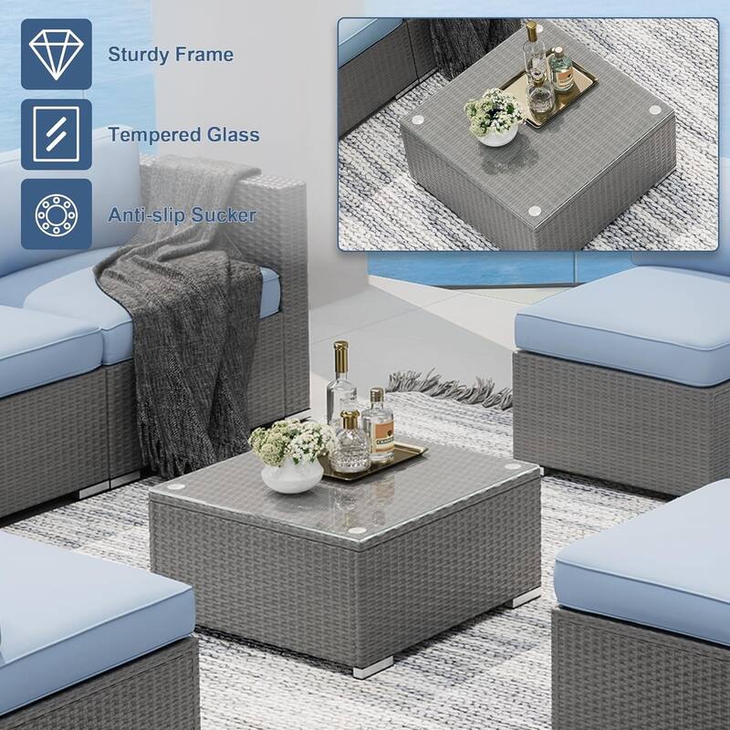 7-piece Outdoor Patio Grey Wicker Rattan Cushioned Sectional Sofa Conversation Set