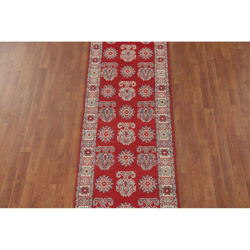 Geometric Kazak Runner Rug Hand-Knotted Traditional Wool Carpet - 2'8" x 9'4"