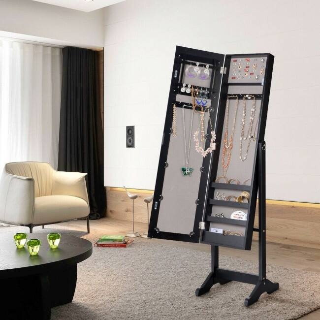Mirrored Standing Jewelry Cabinet Storage Box - 13" x 14.5" x 56" (L x W x H)