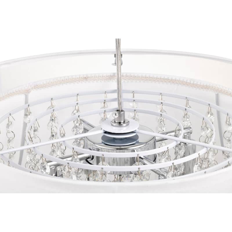 4-Light Double White Fabric Drum Shade Crystal Chandelier