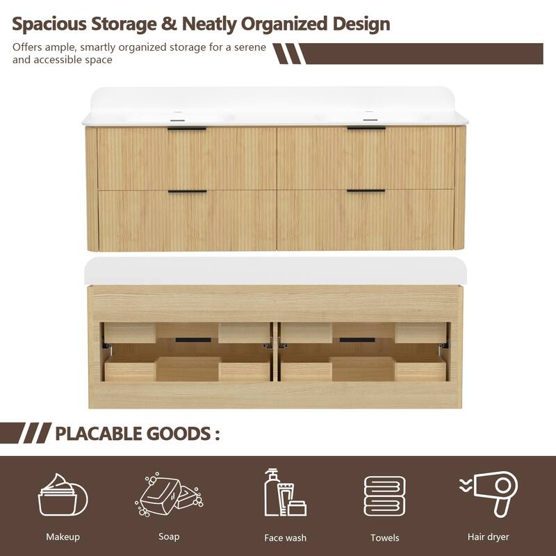 60" Floating Bathroom Vanity with Integrated countertop Rectangulare Sink Solid Wood