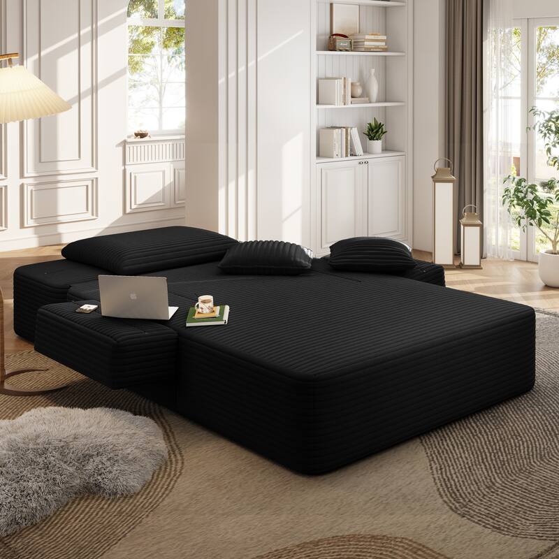 Luxurious Plush Corduroy Chaise Lounge Convertible Sofa Bed with Storage Pocket and Wide Armrests