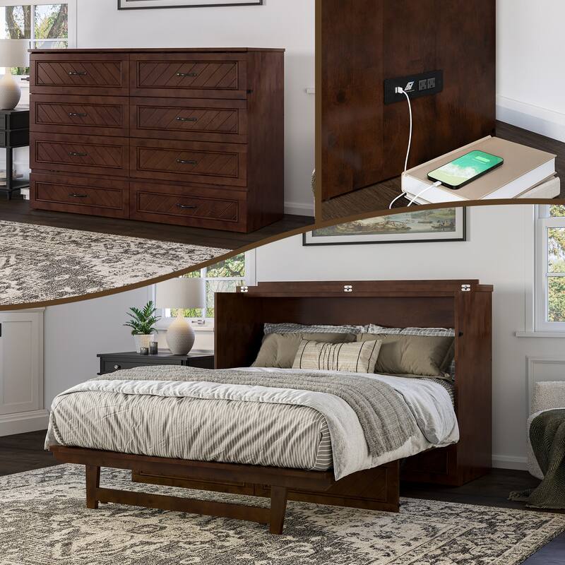 Alpine Murphy Bed Chest with Mattress, Storage Drawer, & Built-in Charger - Walnut - Queen