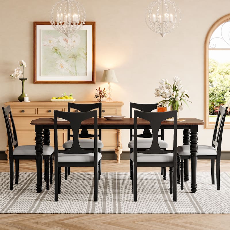 7-Piece Extendable Dining Table Set, Wood Table with Removable Leaf, Kitchen Dining Set with 6 Upholstered Chairs