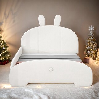 Full Size Upholstered Bed with Cartoon Ears Headboard, White