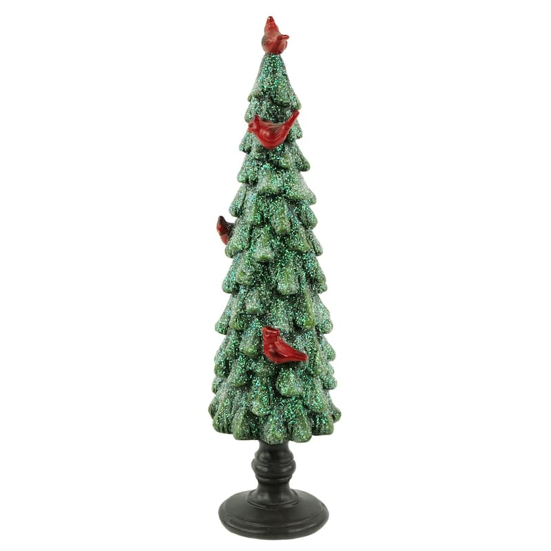 11" Green Glittered Tree With Red Cardinals Christmas Decoration