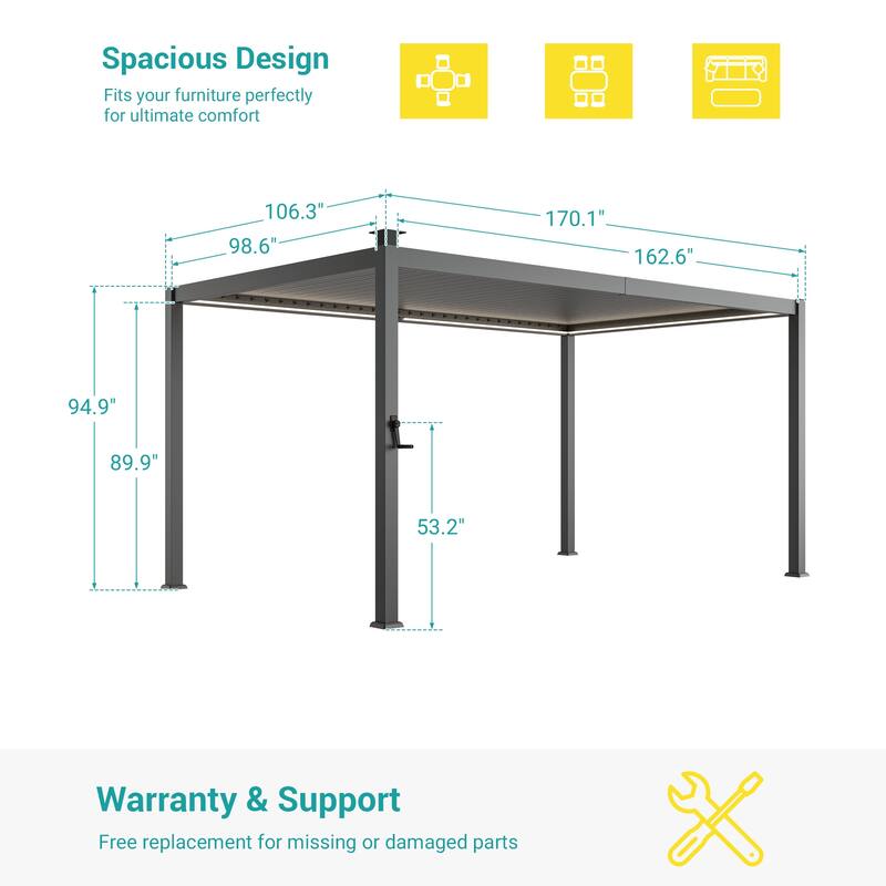 Outdoor Metal Solar LED Louvered Pergola with Adjustable Roof
