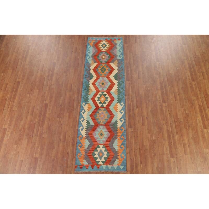 Hand Woven Oriental 100% Wool Carpet Southwestern Geometric Multi-Colored Kilim Runner Rug - 9' 7'' X 2' 8''