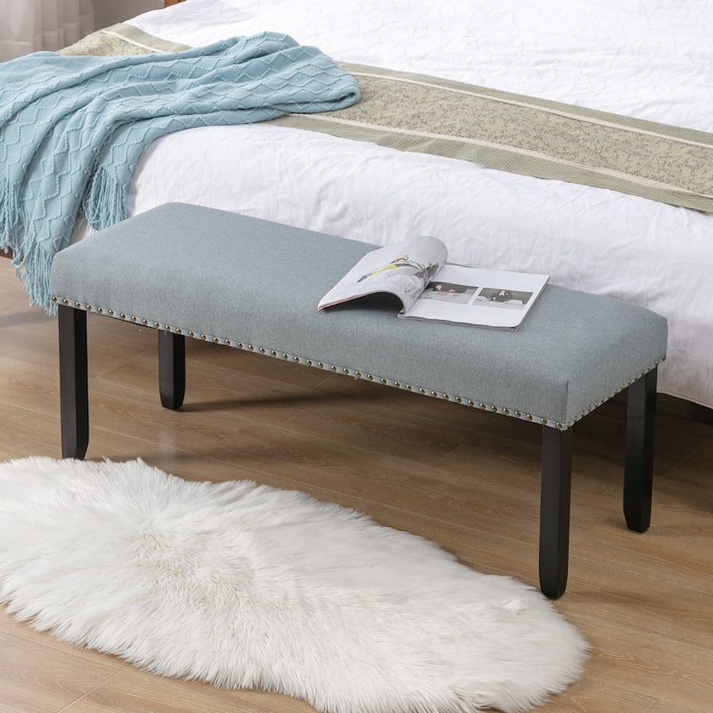 Modern 44" L Nailhead Trim Upholstered Bench with Wood Legs - Light Green
