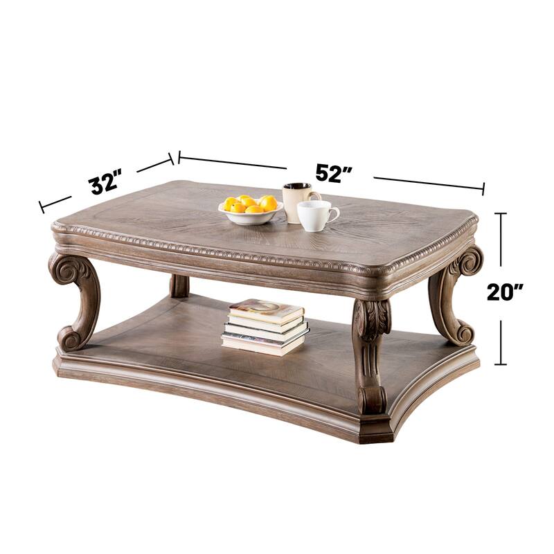 Wooden Coffee Table with Open Bottom Shelf in Weathered Oak