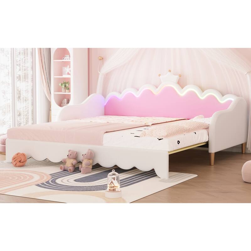 White Twin Princess Upholstered Daybed with LED & Crown Headboard