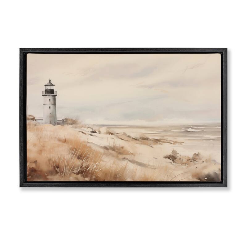 Stupell Distant Lighthouse in Neutral Tones Framed Floater Canvas Wall Art Design By Arlington Prints - 31 x 21 - Black