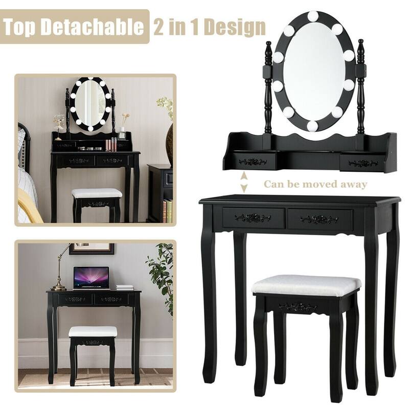 4 Drawers Vanity Table Dressing Table with Touch Switch-Black - 29.5"(L) x 16"(W) x 57"(H)