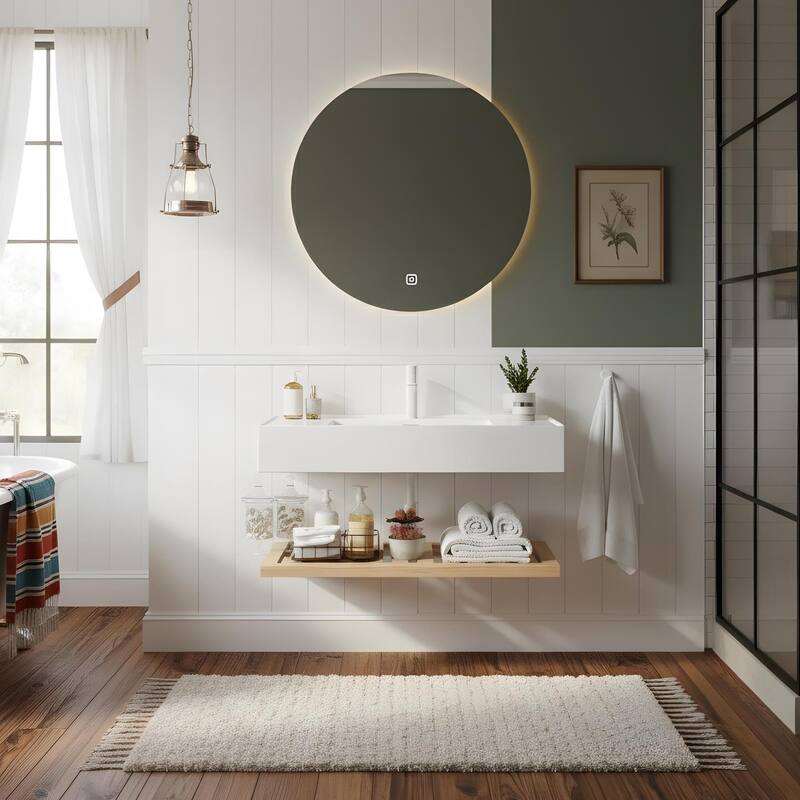 Bathroom Vanity with Vessel Sink and Striped Shelf Layer - 36 - Natural Wood