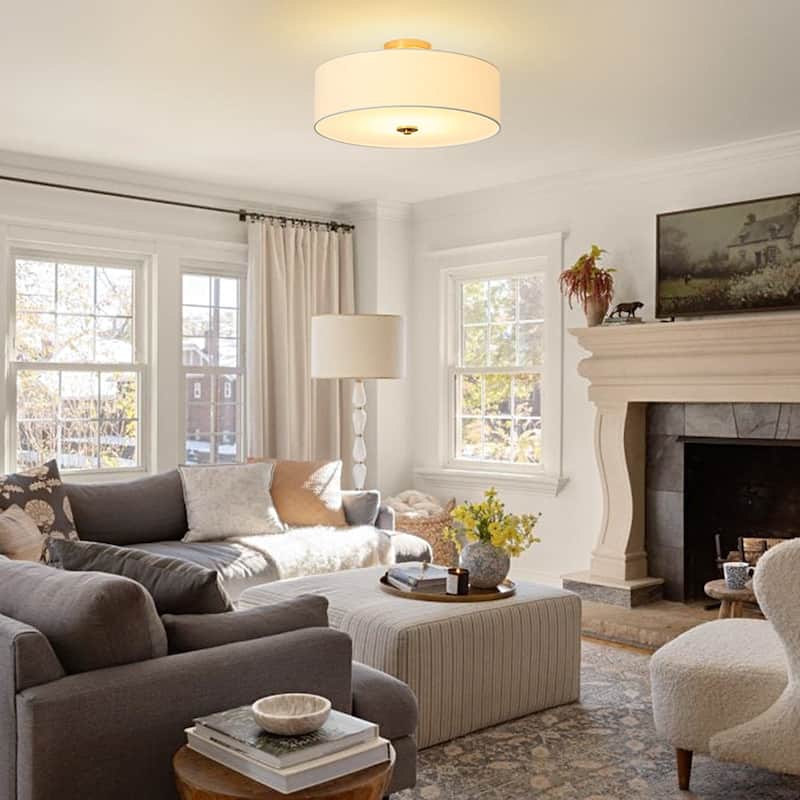 French Country Brass Round White Linen Drum Ceiling Light