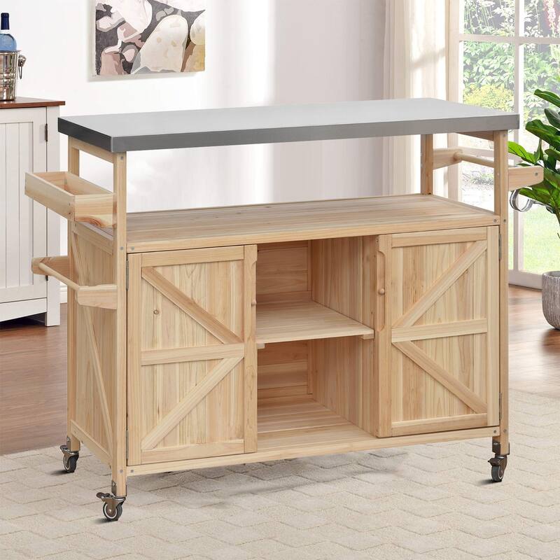 Vintage Stylish Wooden Kitchen Island with Stainless Steel Top, Indoor/Outdoor Use - Natural