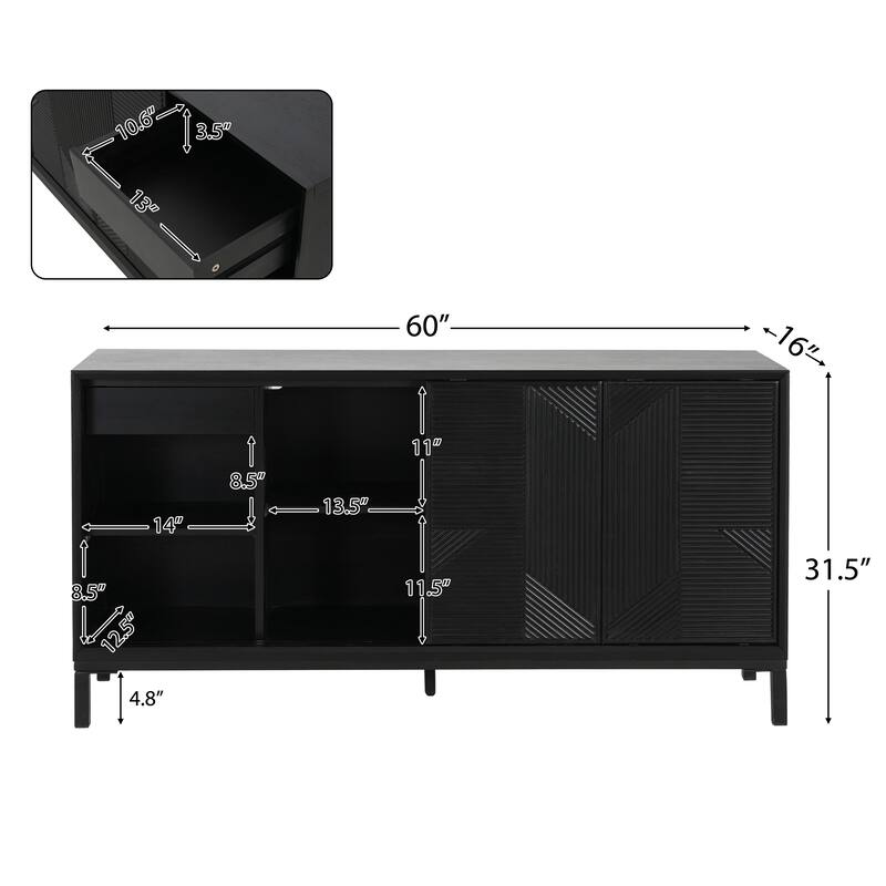 Modern Geometric Accent Cabinet with Sliding Doors and Two Drawers, High-Quality Wood Veneer Top, Sturdy MDF Construction