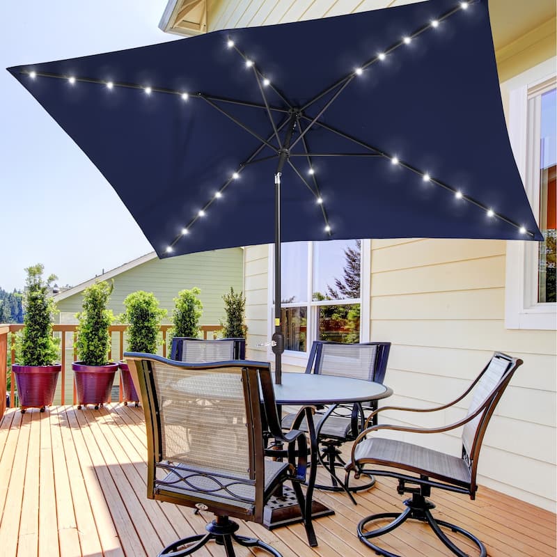 BONOSUKI LED 10 x 6.5ft Outdoor Umbrellas Patio Market Table Umbrellas - Navy Blue