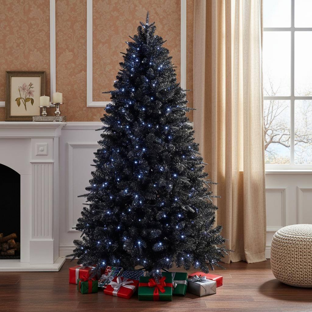 HomeRoots 7' Black Pre Lit Full Spruce Christmas Tree - 54.00 in. x 84.00 in. x 54.00 in.