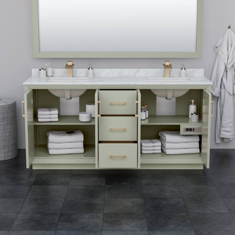 Strada 72-Inch Double Vanity Set, Carrara Marble Top, 70-Inch Mirror
