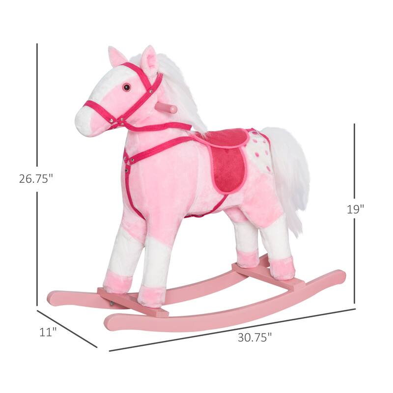 Pink-White Rocking Horse for Kids with Sound Effects Soft Seat and Wooden Frame - 30.75" L x 11" W x 26.75" H