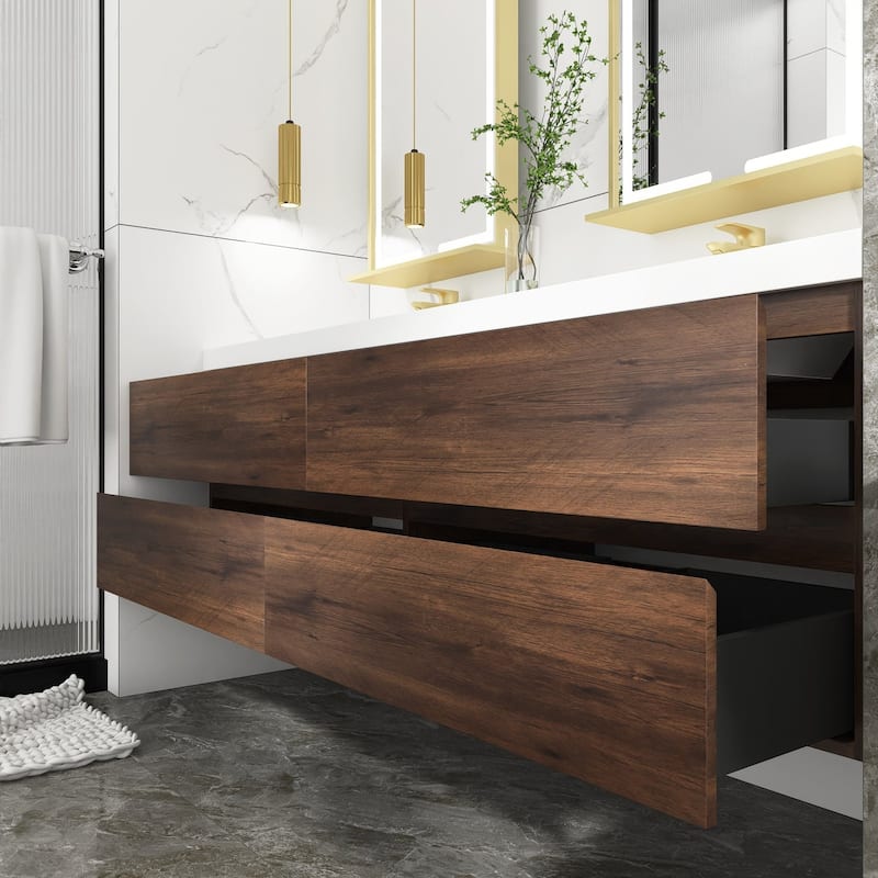 MDF Wall-Mounted Bathroom Vanity Set in Rose Wood with Integrated Culture Marble Sink