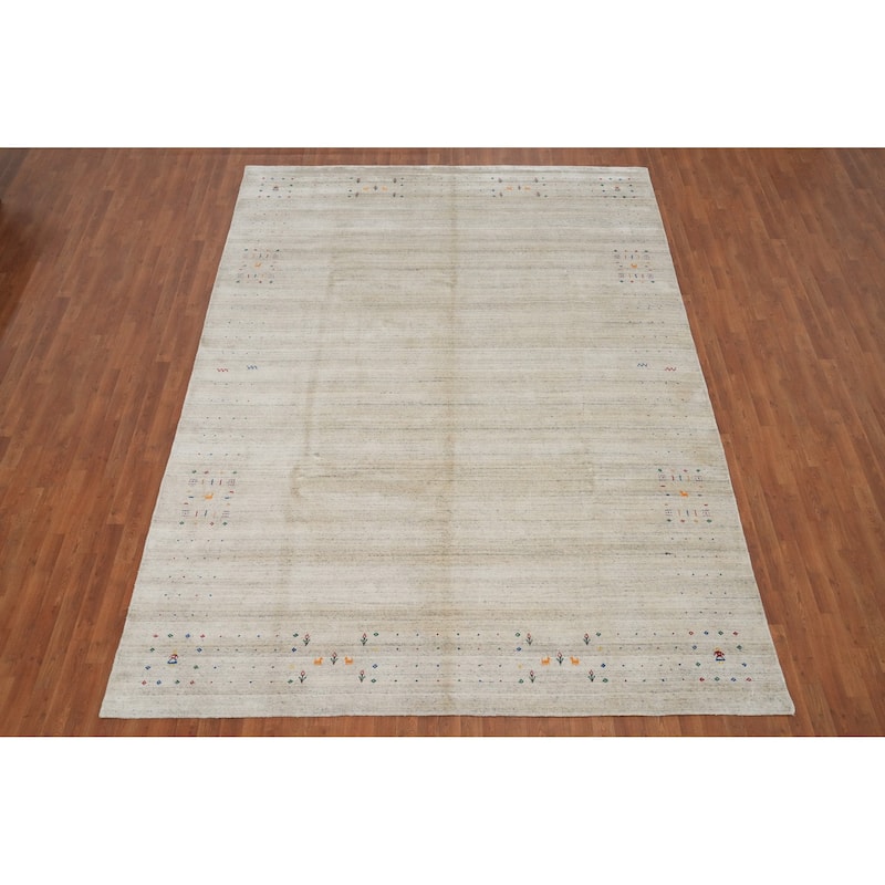 Hand Knotted Oriental Viscose Silk Carpet Tribal Animal Pictorial Beige & Ivories Gabbeh Area Rug - 11' 10'' X 8' 8''