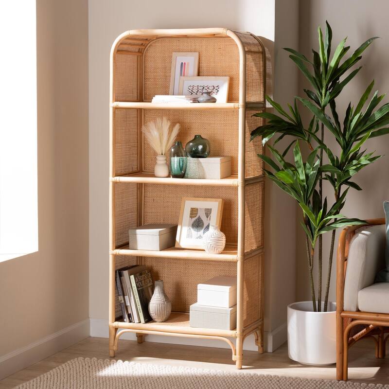 Chusi Natural Rattan Decorative Shelf - Handwoven Cane Display Unit with Arched Top, Boho Coastal Storage Rack for Living Room