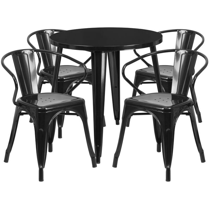 30'' Round Metal Indoor-Outdoor Table Set with 4 Arm Chairs - Black