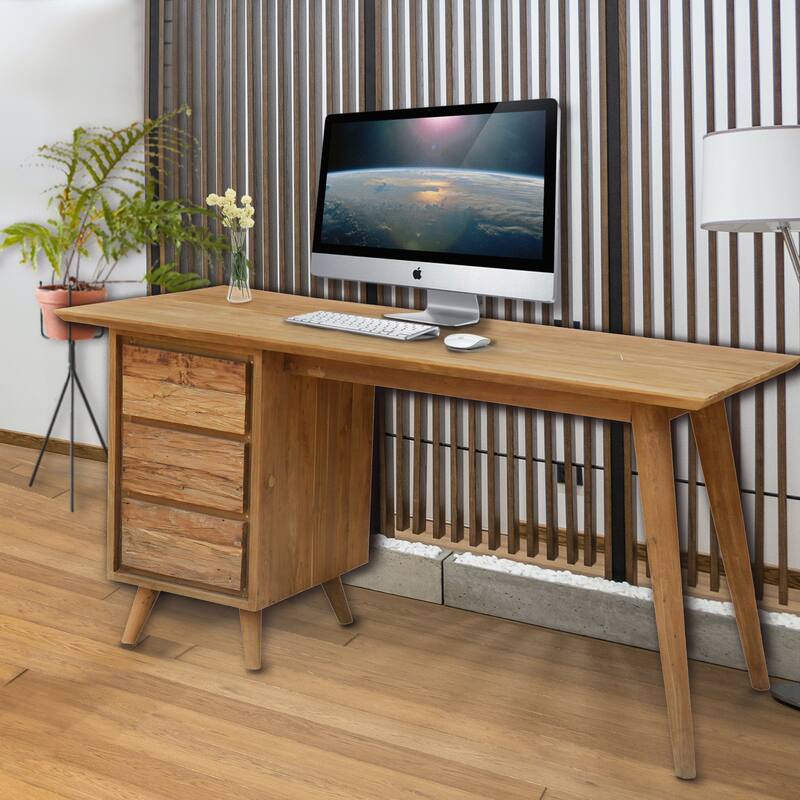 Chic Teak Recycled Teak Wood Retro Writing Desk with 3 Drawers