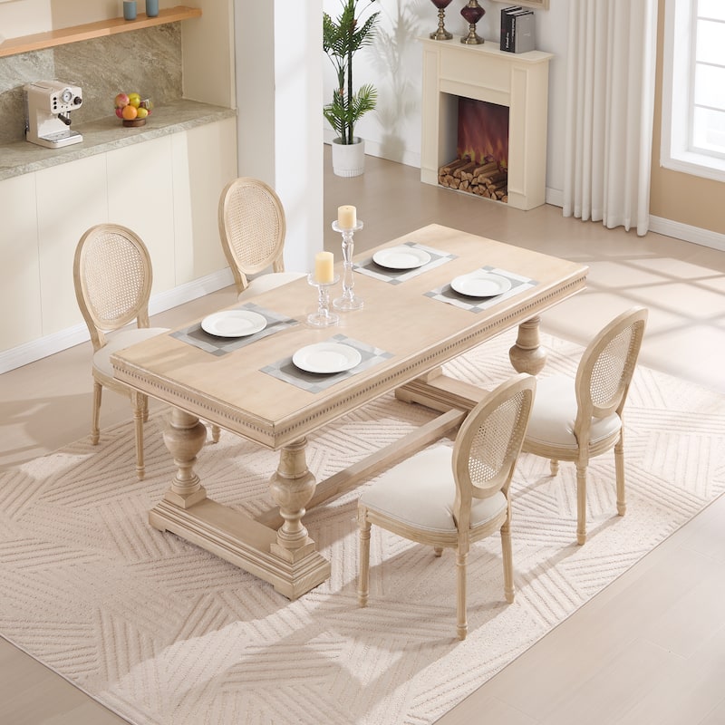 French Country Dining Chairs Set of 2, Upholstered Chairs with Nature Rattan Round Back, Wire drawing and carving techniques
